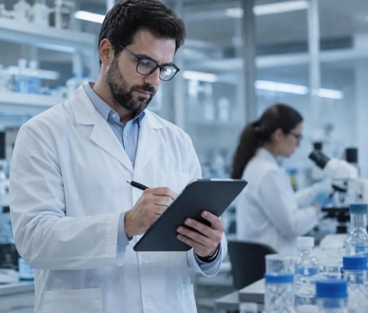 Scientist recording data on a tablet